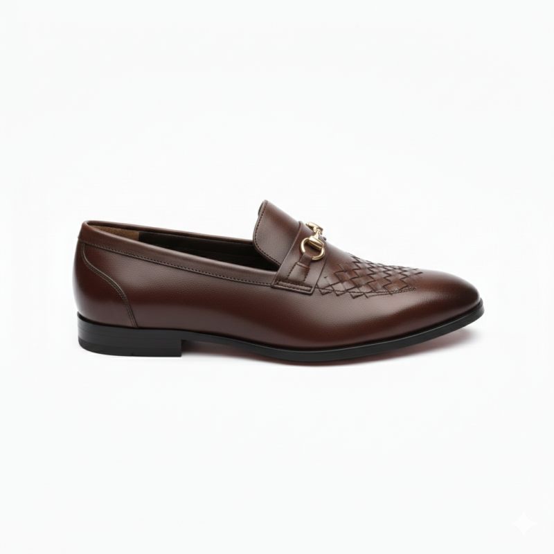 Premium Brown Woven Leather Bit Loafers for Men - The Deer Footwear